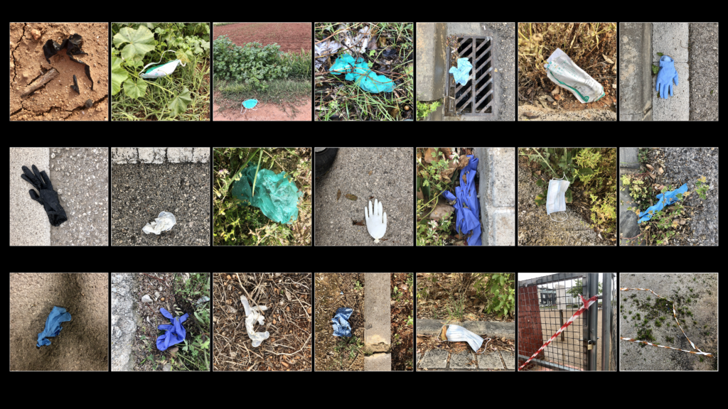Collage de 21 fotos de diferentes de guantes de látex, mascarillas, y residuos de plásticos por el suelo tirados 